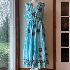Sundance Turquoise Embroidered Cotton Maxi Dress Tiered Sleeveless Sz PXL Flowy